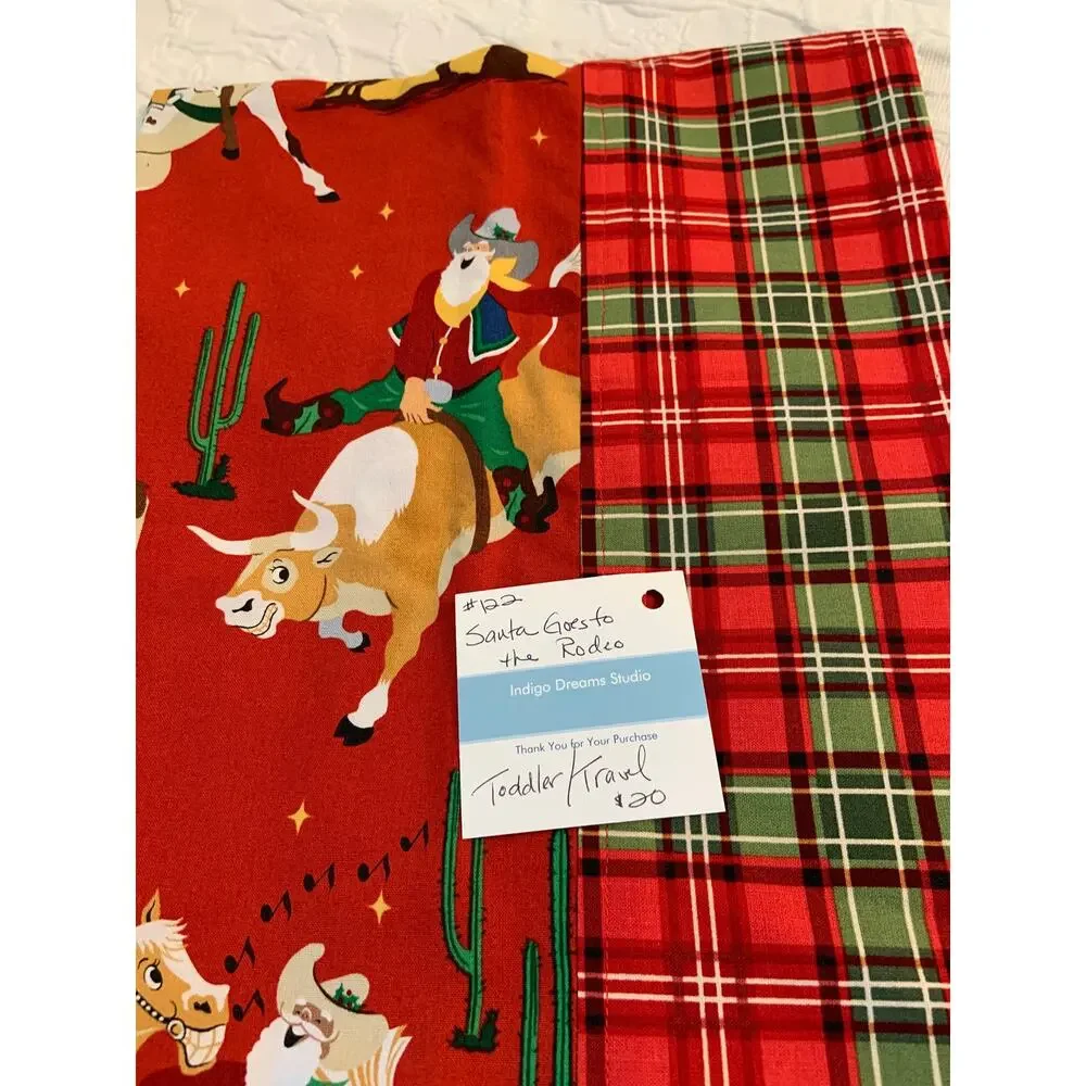 Santa Goes to the Rodeo Toddler Pillowcase, Handmade Designer Cotton